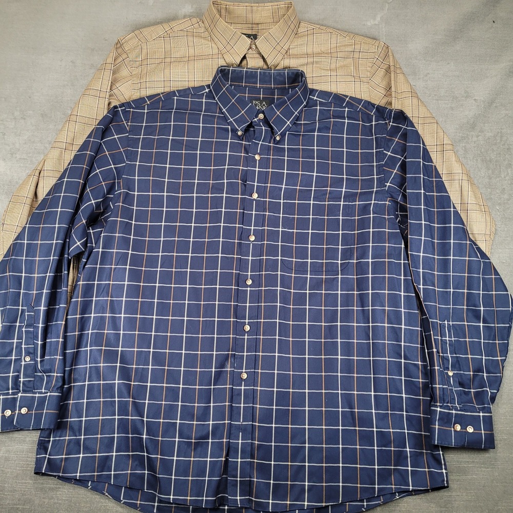 Lot of 2 Jos A Bank Traveler Collection XXL Button Down Shirts Plaid Navy Tan